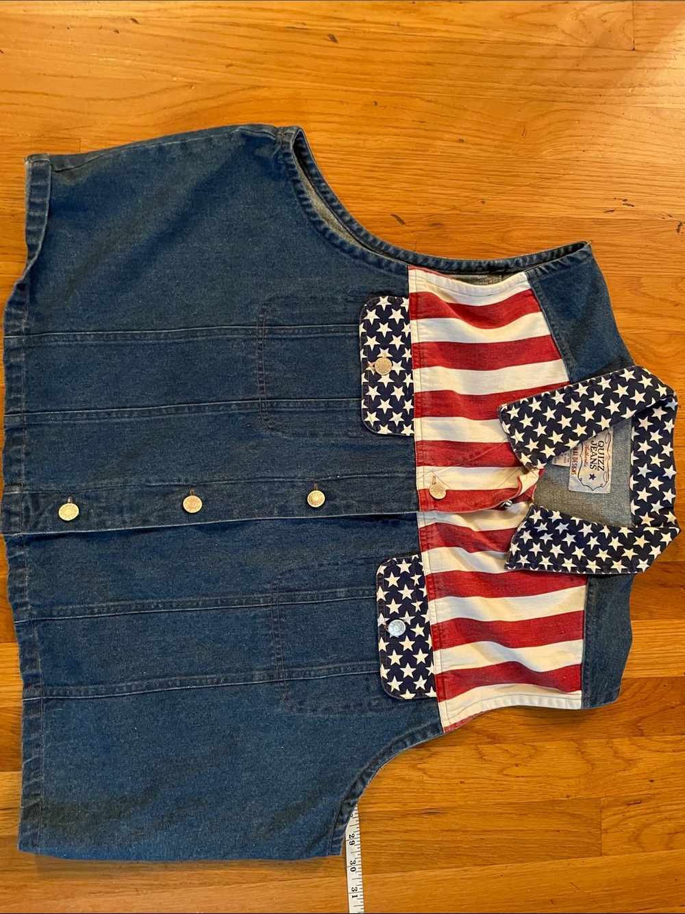Women's Sleeveless Denim Vest with American Flag Print - Blue/Red/White - Picture 3 of 4